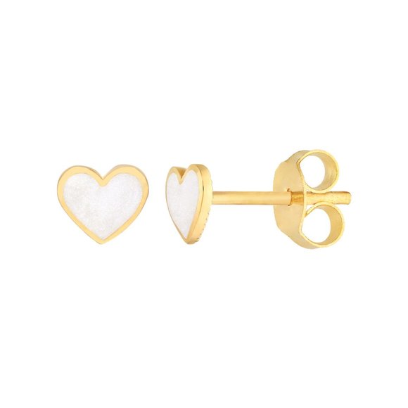 14K Solid Gold Small White Enamel Heart Stud Earrings